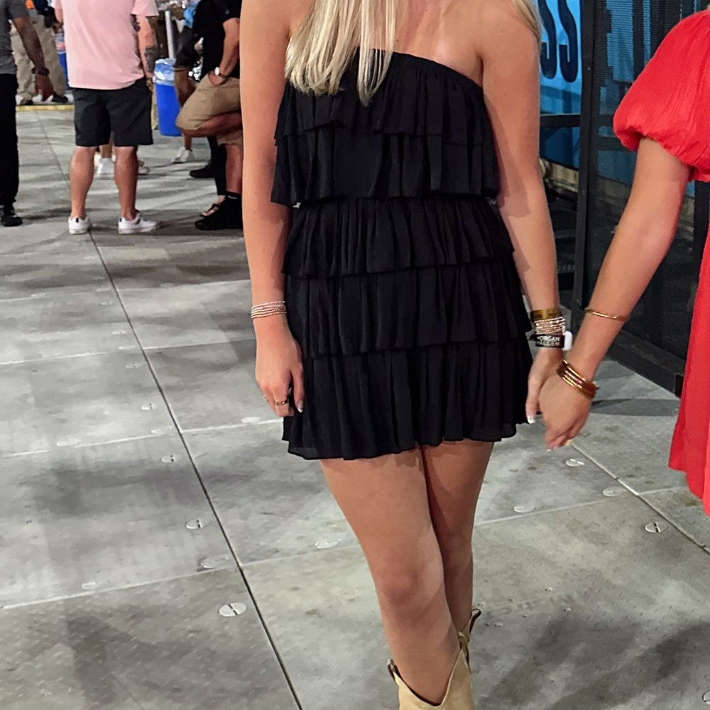 Mustard Seed Black Smocked Waist Tiered Mini Dress (built in shorts)